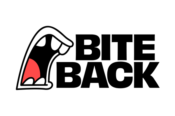 Our Bite Back logo showing a comic mouth with a red tongue biting into the words Bite Back