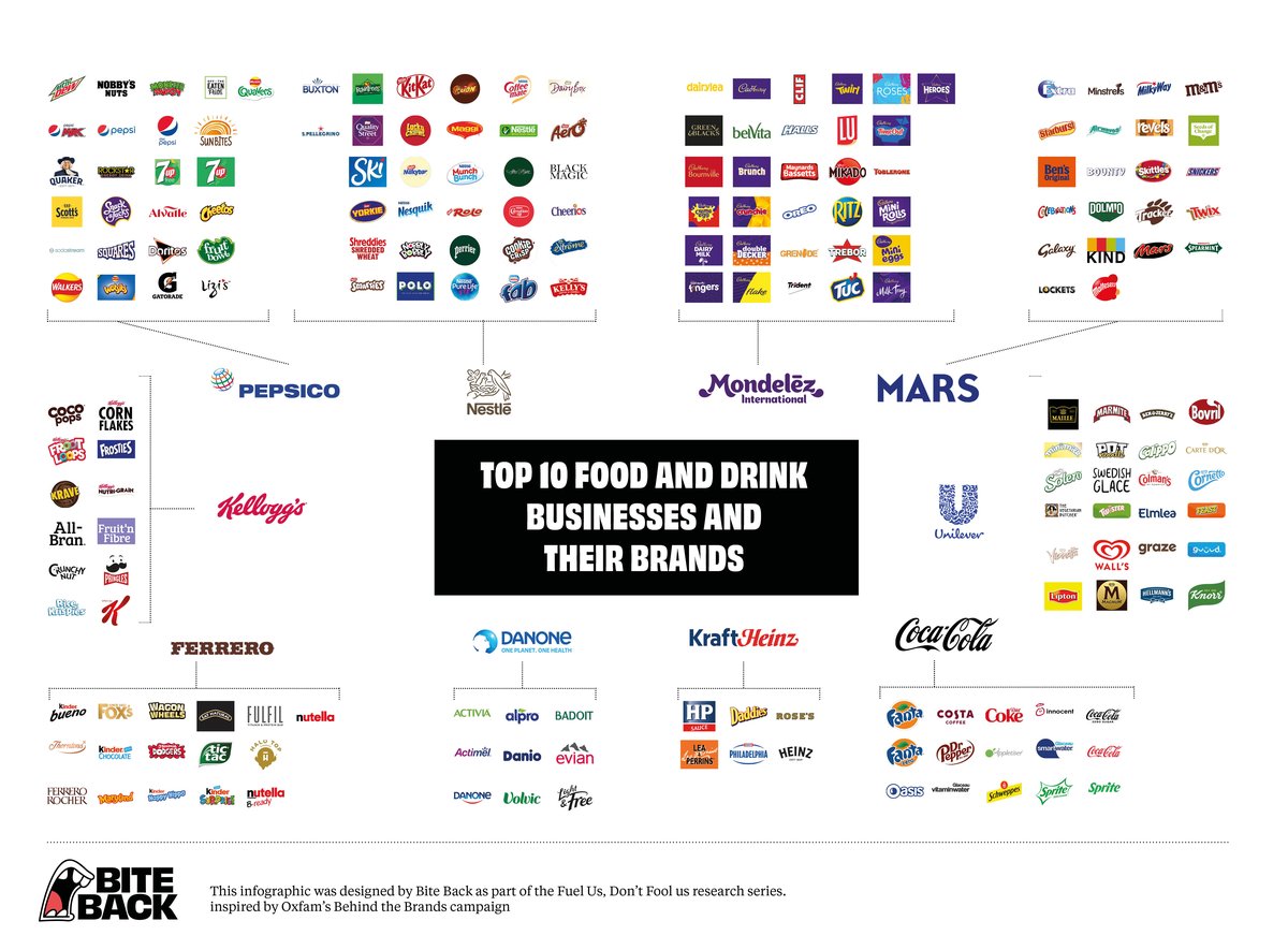 An intricate graphical representation of which brands each of the Top 10 food manufacturers own