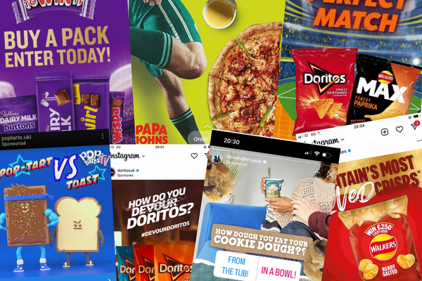A collage of different junk food ads received by people on their mobiles. Including Papa Johns, Cadbury, Doritos and others.