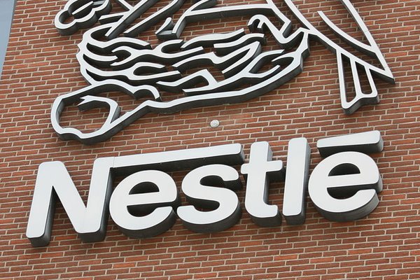 The Nestlé logo on the side of a building.