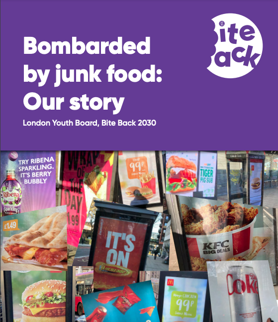 The cover sheet of the manifesto in bright purple with an assortment of junk food ads on the cover beneath the title 'Bombarded by junk food: Our story'