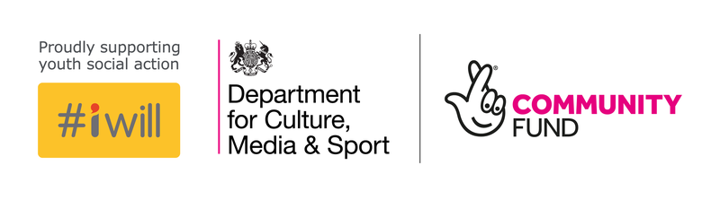 iWill logo &#x27;Proudly supporting youth social action&#x27; in light grey text, with the words #iWill in a yellow box underneath, next to this logo, the words Department For Culture, Media & Sport in black writing, and on the right hand side of the image, the word community in bright pink writing a